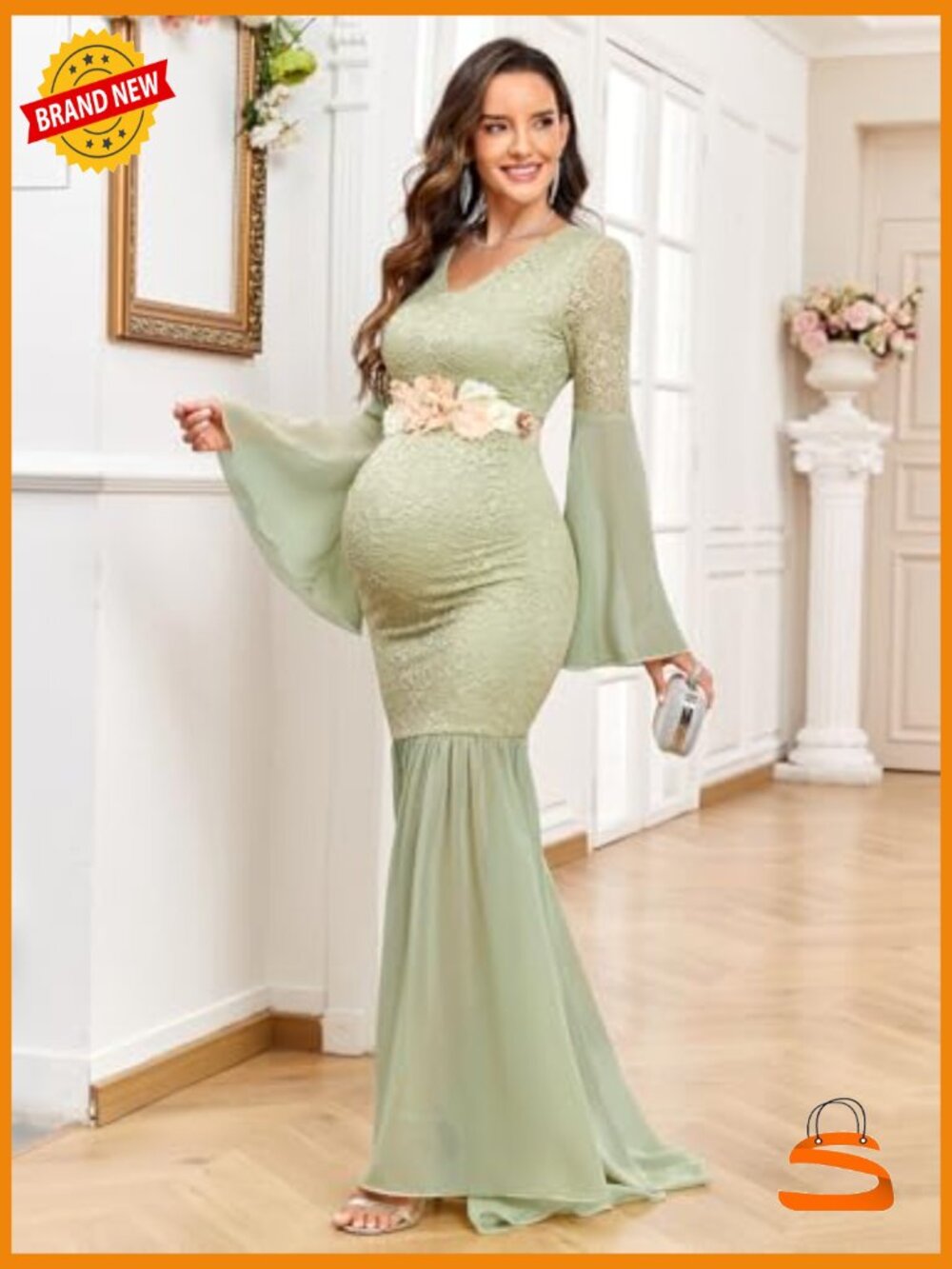 Maternity Lace Chiffon Mermaid Gown Bell Sleeve V-Neck Maxi Dress Photoshoot - Picture 2 of 7